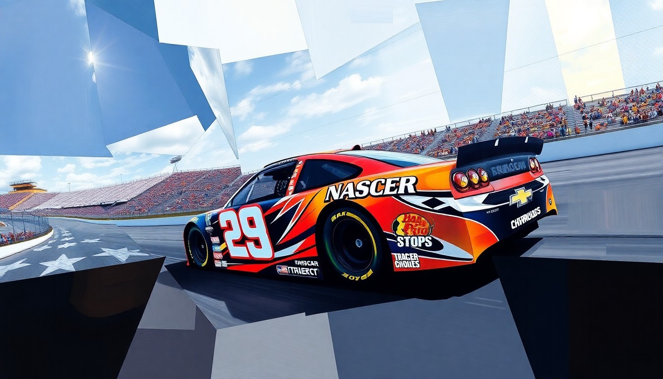 A cubist, geometric painting depicting a NASCAR race at the Nashville Fairgrounds Speedway, with the vibrant colors of Dale Earnhardt Jr.'s car as the focal point, surrounded by fragmented, overlapping shapes representing the track and grandstands.