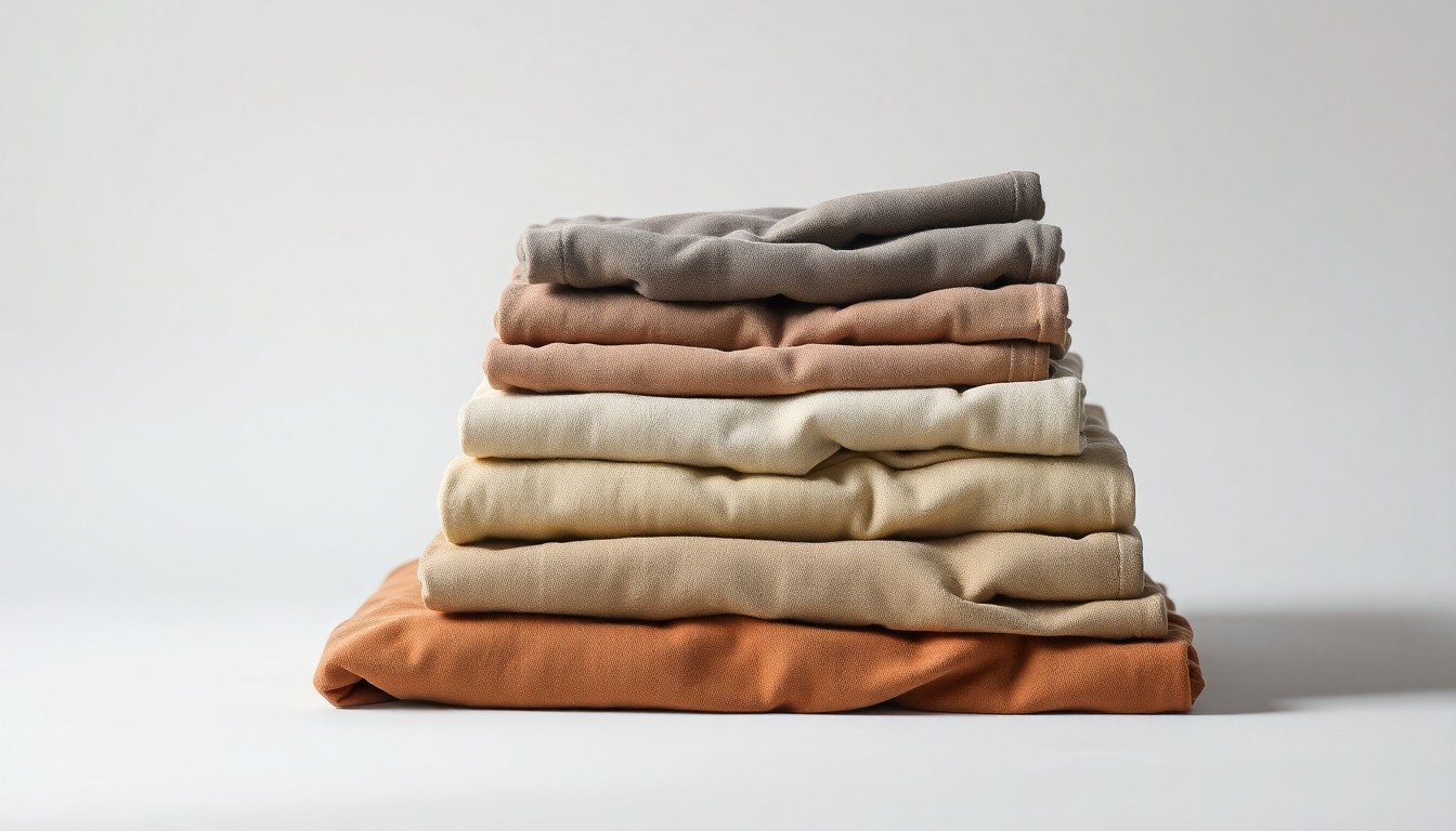 A photorealistic studio still life featuring a neatly folded stack of clean, well-worn clothing in muted earth tones, conveying the importance of providing basic necessities to those in need.
