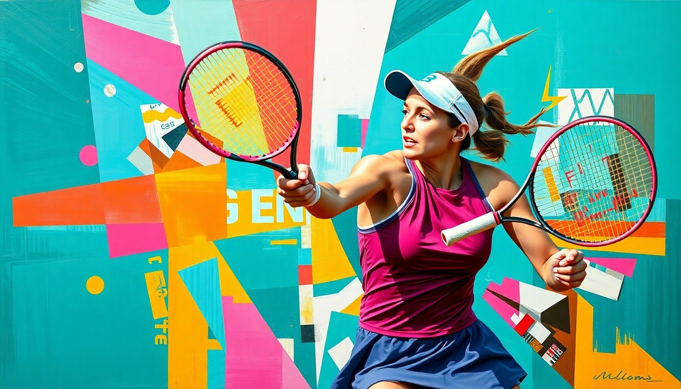 A cubist-style painting depicting Elina Svitolina's powerful tennis strokes and movements, broken down into sharp, overlapping geometric shapes in vibrant colors.
