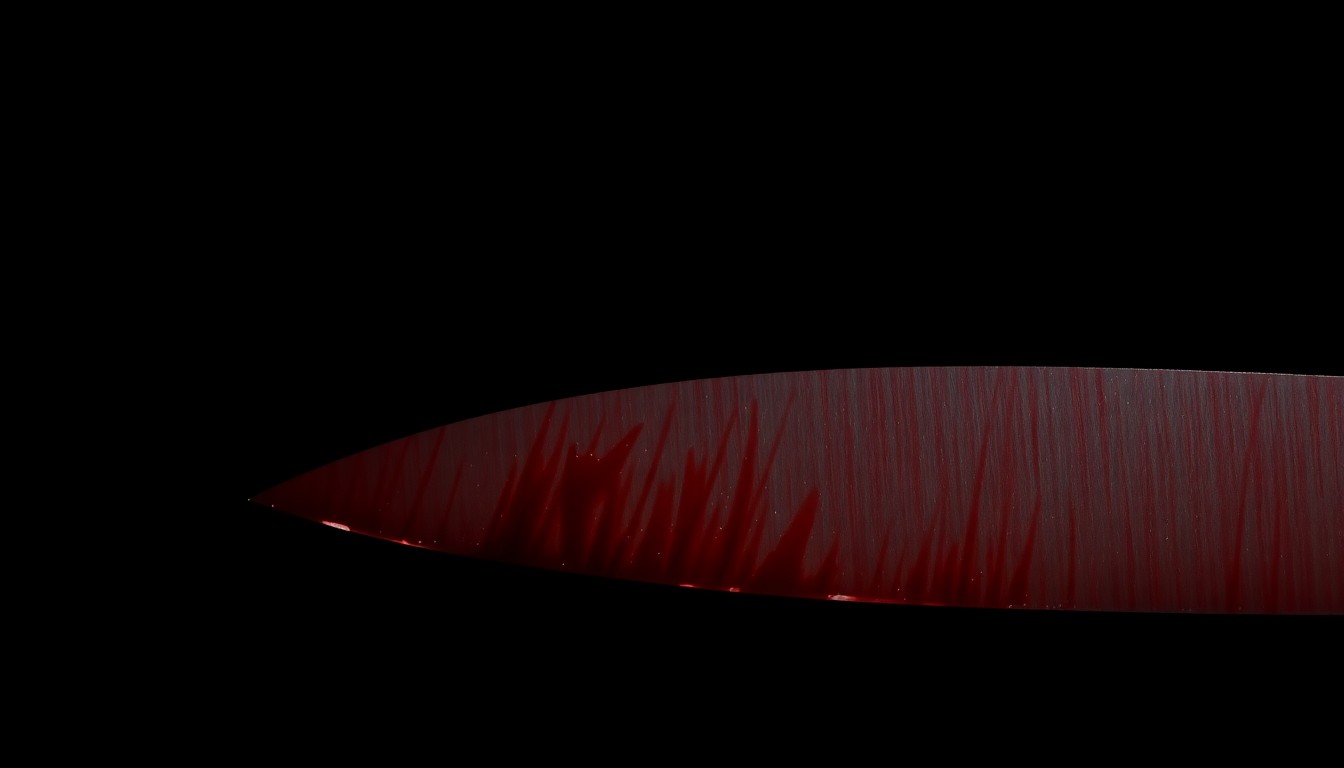 An extreme close-up photograph of a bloodied knife blade against a pitch-black background, creating a stark, gritty, investigative aesthetic through the use of harsh, direct flash lighting.