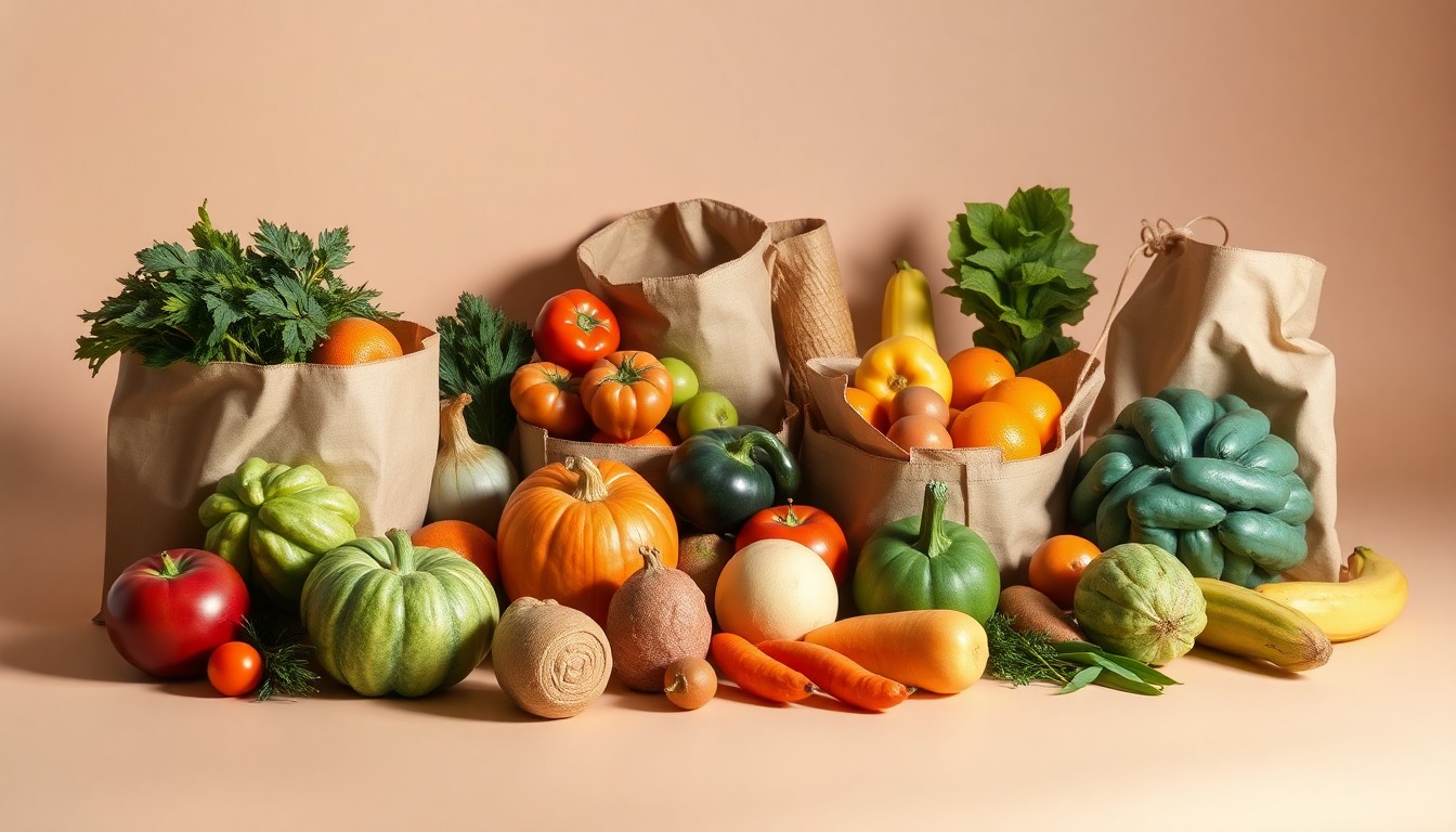 A high-end studio still life photograph featuring an assortment of fresh fruits, vegetables, and artisanal food products arranged elegantly on a clean white background, conceptually representing the Vincennes Farmers' Market's role in connecting the local community with sustainable, locally-grown food.