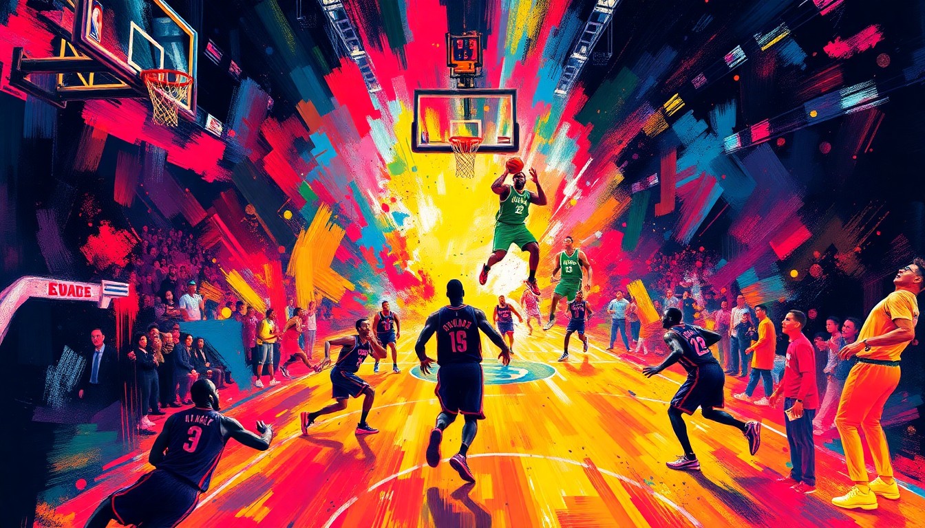 An abstract, neon-colored expressionist painting capturing the raw energy and intensity of a high-scoring NBA basketball game, with players' figures dissolving into vibrant brushstrokes and the court exploding with color.