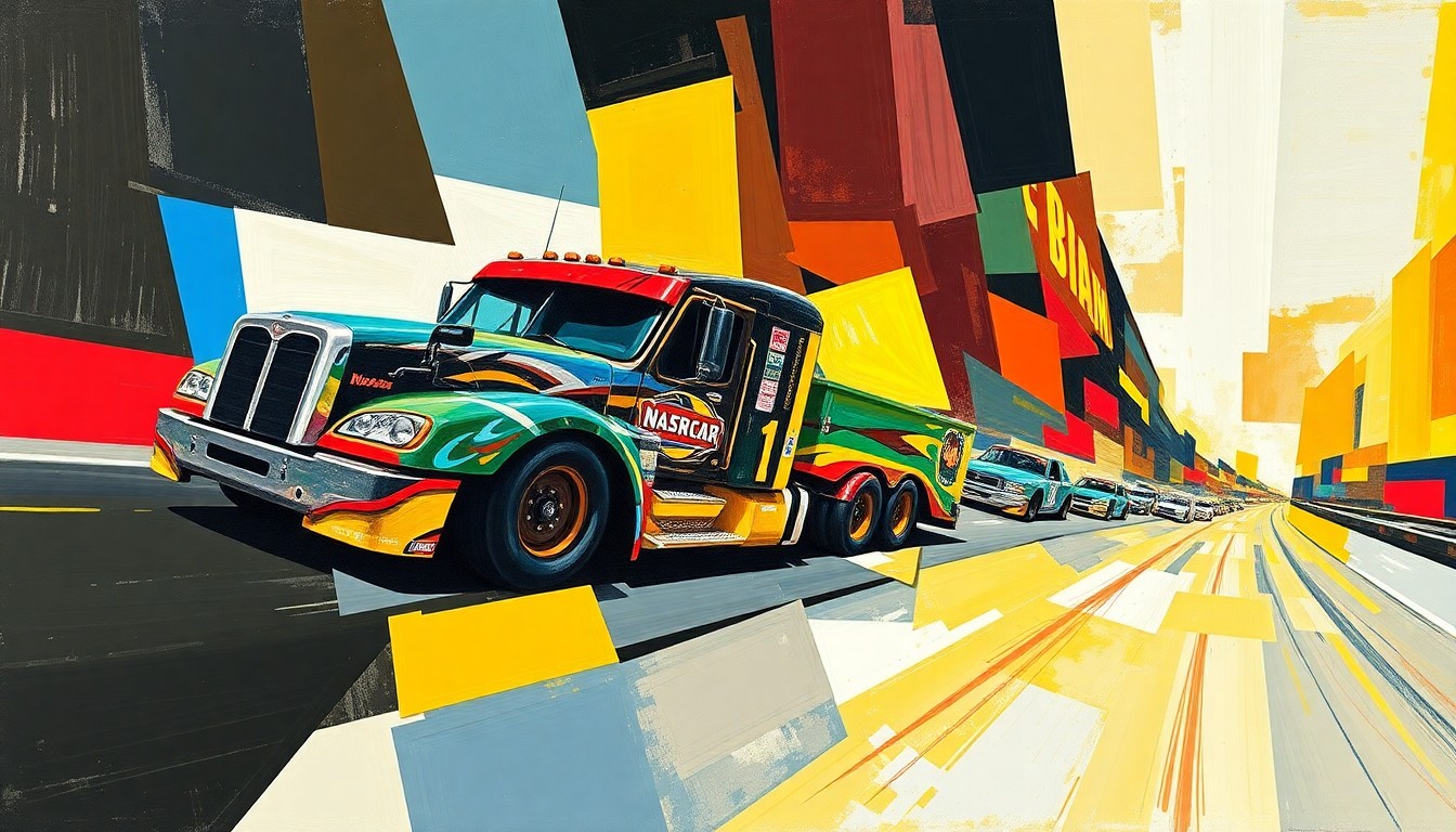 A cubist, geometric painting depicting a NASCAR Truck Series race, with the vehicles and track broken down into sharp, overlapping planes of color and shape, conveying the dynamic and unpredictable nature of the sport.