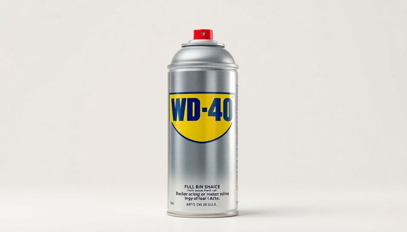 A photorealistic studio still-life photograph featuring a polished metal WD-40 can on a clean white background, using dramatic lighting to symbolize the company's strong brand and financial performance.
