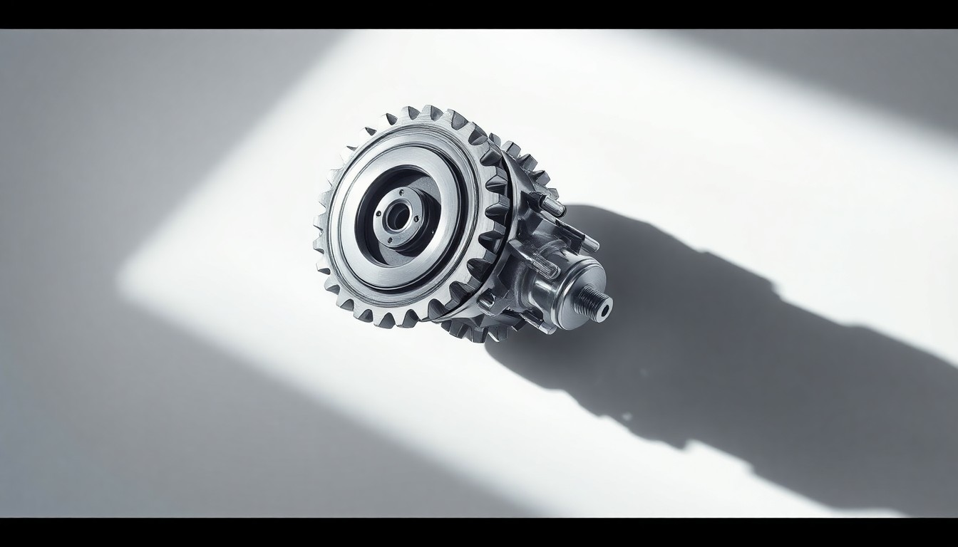A highly detailed, photorealistic studio photograph of a polished, chrome-plated car gear or transmission component floating against a clean, monochromatic background, using dramatic lighting and shadows to convey the precision and engineering prowess of the automotive industry.
