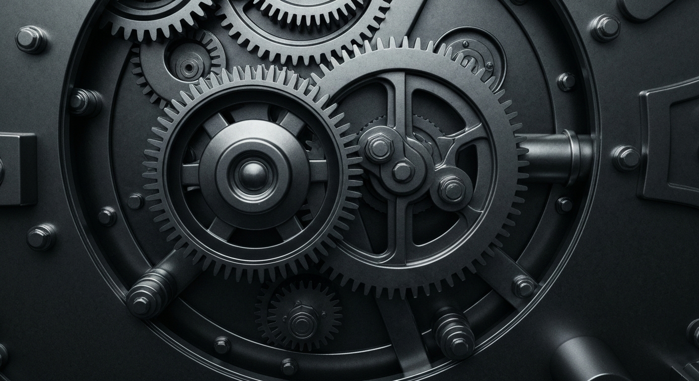 An extreme close-up of the complex, interlocking mechanisms of a bank vault, conveying a sense of security and reliability in the U.S. financial system.