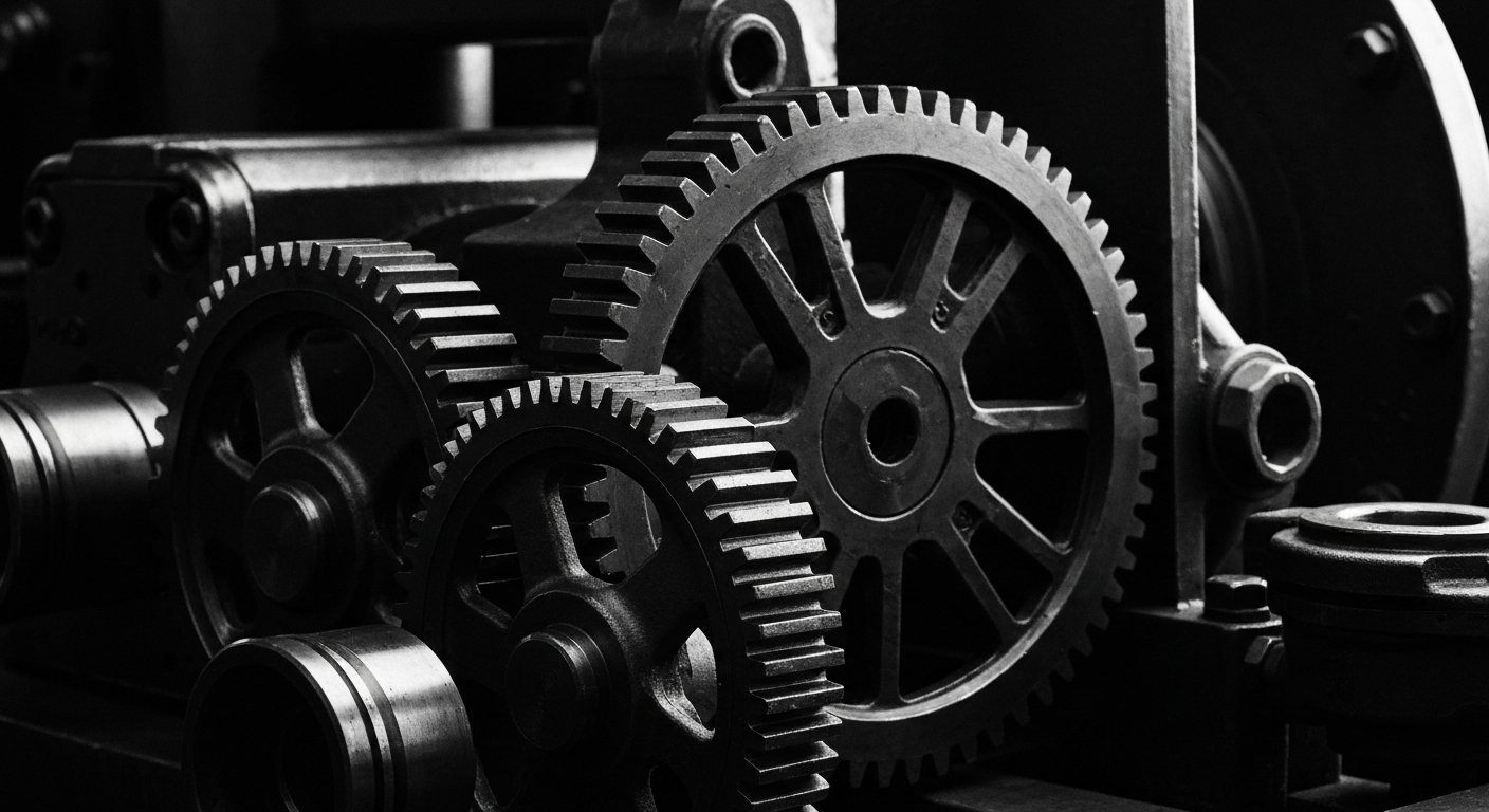 A dramatic, high-contrast close-up image of the intricate gears, pistons, and heavy machinery that drive Caterpillar's industrial equipment, conveying a sense of the company's engineering prowess and industrial might.