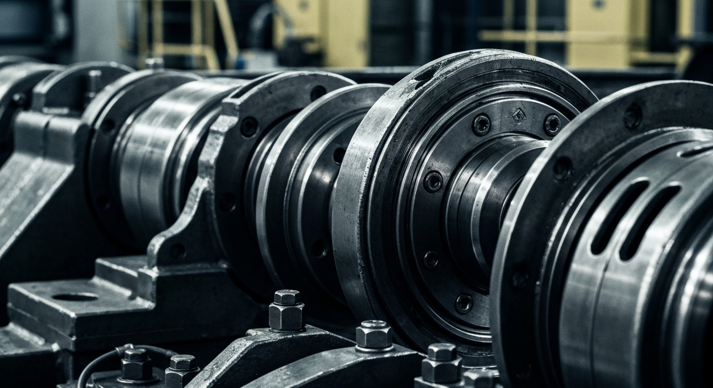 A close-up, cinematic view of heavy industrial machinery and equipment used in metal manufacturing, with a focus on the intricate, textured surfaces and mechanical components, conveying a sense of power, precision, and the industrial might that underpins the operations of a company like Mueller Industries.