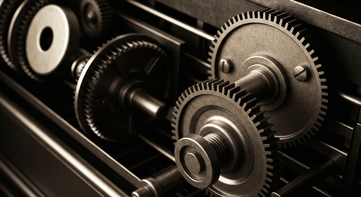 An extreme close-up of the complex, metallic machinery inside a vintage cash register, conveying the secure, industrial nature of a major consumer brand's financial infrastructure.