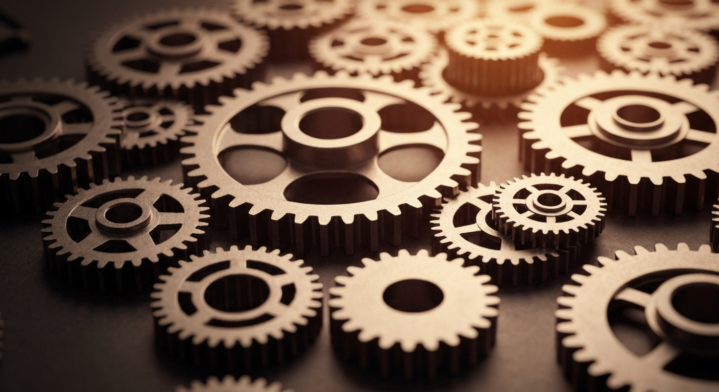 An extreme close-up of highly detailed, interlocking metal gears and machinery, representing the complex financial infrastructure and institutional power of the pharmaceutical industry.