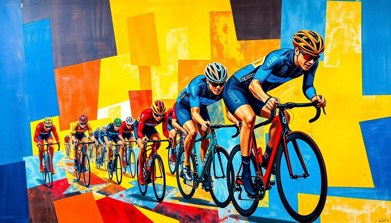 A cubist-style painting depicting a cycling race or competition, with the athletes and their bikes fragmented into sharp, overlapping geometric shapes in a vibrant color palette of blues, reds, and yellows, creating a dynamic and abstract representation of the sport's energy and movement.