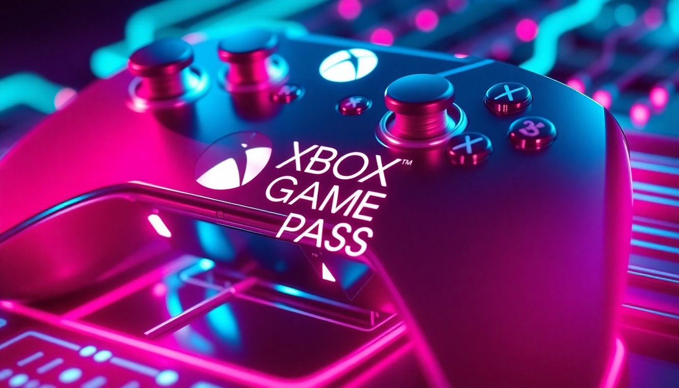 A close-up, highly detailed illustration of a sleek, futuristic game controller or console glowing with vibrant neon cyan and magenta lights, representing the digital infrastructure behind the Xbox Game Pass service.