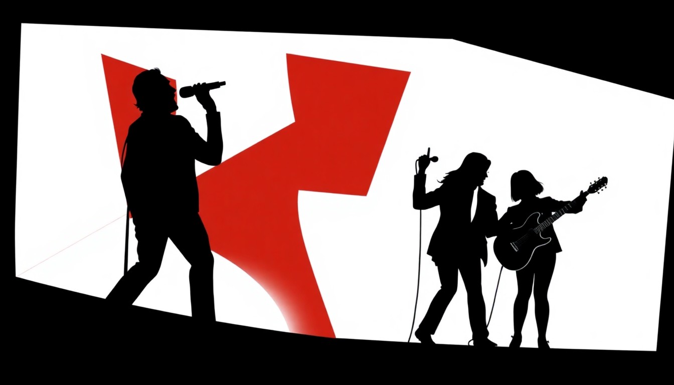 An abstract, minimalist illustration featuring bold, jagged shapes and high-contrast colors, conceptually representing the fusion of pop music and Broadway theater.