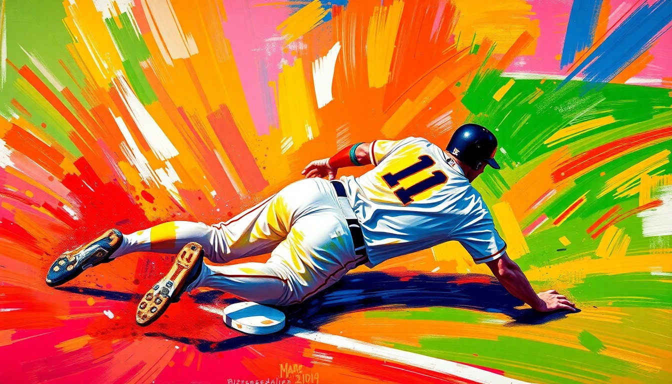 An abstract, expressionist painting in vibrant neon colors, with rapid brushstrokes depicting the dynamic movement of a baseball player sliding into a base, conceptually representing the rise and fall of Cleveland's iconic 'Super Joe' Charboneau.