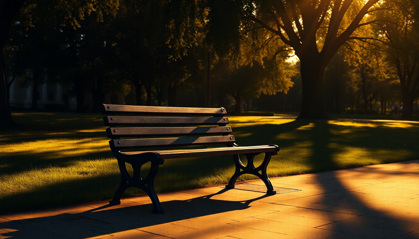 A serene oil painting of an empty park bench bathed in warm sunlight and deep shadows, conveying a sense of contemplation and civic memory surrounding the contested history of Memorial Park.