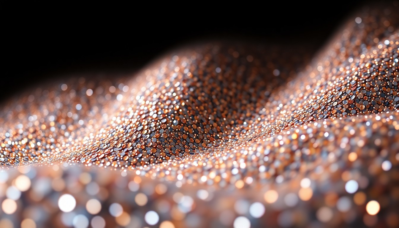 An extreme close-up photograph of shimmering, glittering sequins in dramatic, high-contrast studio lighting, conceptually representing the glamour and allure of the entertainment industry.