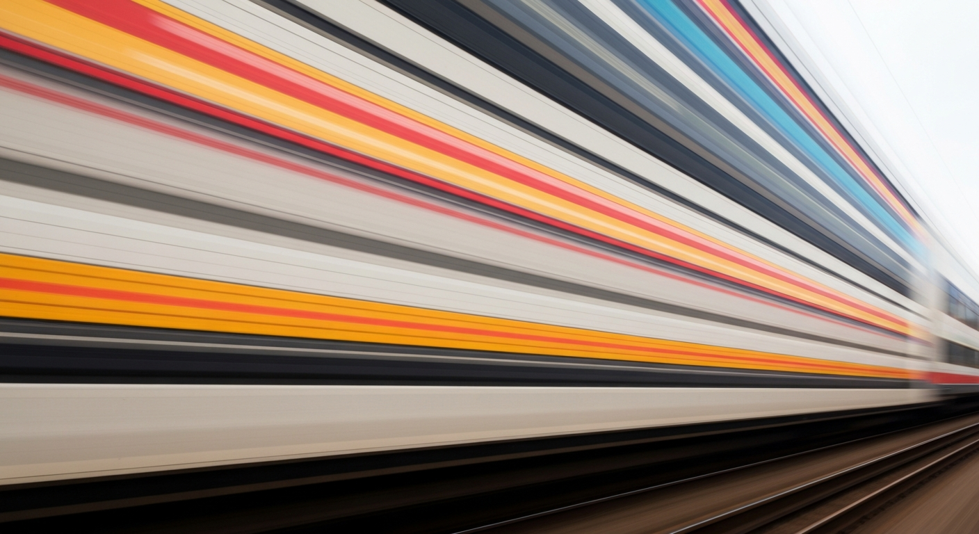 An abstract, impressionistic image of a speeding train, captured through a slow-shutter panning technique that transforms the locomotive into vibrant, sweeping brushstrokes of color, conveying a sense of modern transportation and progress.