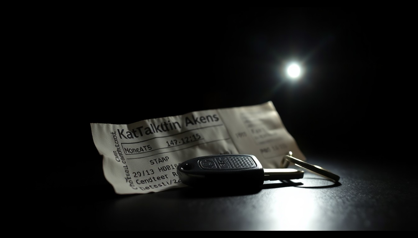 An extreme close-up of a crumpled plane ticket or car key, dramatically lit by a harsh camera flash against a black background, conceptually representing the investigation into Katelin Akens' mysterious disappearance.