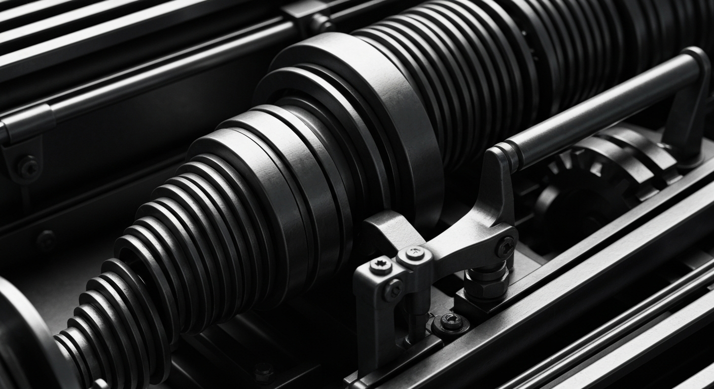 An extreme close-up of various metal gears, levers, and casings that make up the inner workings of a banking or financial institution, conveying the idea of the complex machinery behind personal finance and tax management.