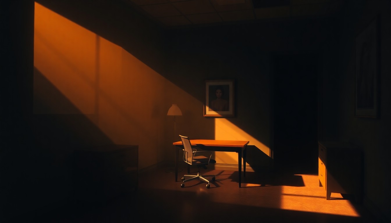 A dimly lit, cinematic painting of a solitary modeling agency office space, bathed in warm, diagonal sunlight and deep shadows, evoking a sense of isolation and quiet contemplation.