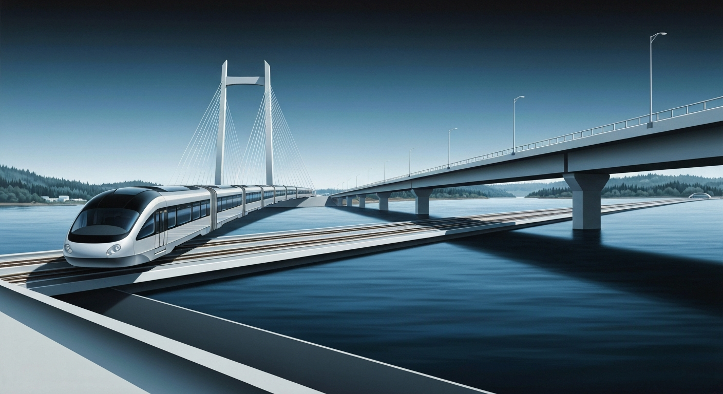 A highly stylized, geometric illustration depicting the sweeping, streamlined forms of a light rail line and floating bridge, rendered in a bold, Art Deco-inspired visual style using cool, metallic tones to convey the modern, technological nature of the project.