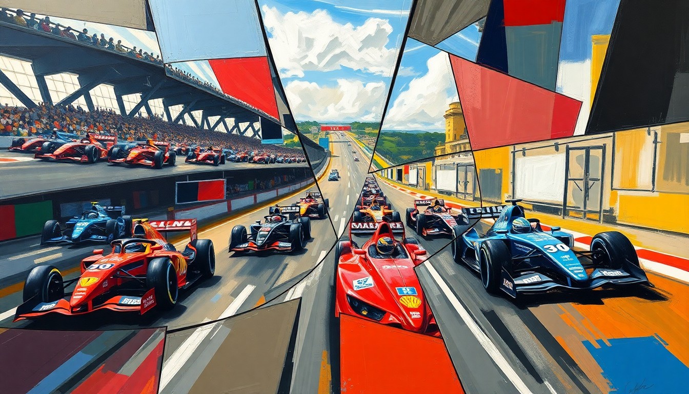 A fragmented, multi-angled painting depicting a Supercars race or competition, with the car number 15 prominently featured in a cubist, geometric style that captures the dynamic motion and intensity of the sport.