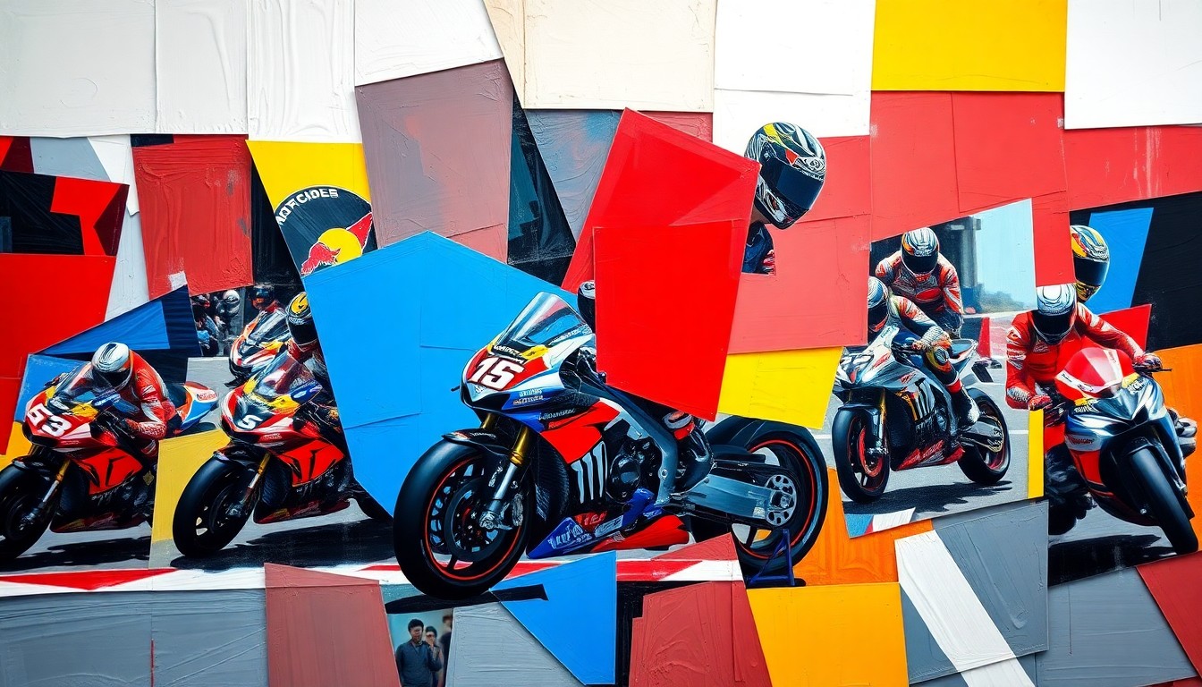 A fragmented, geometric painting depicting a MotoGP race scene, with sharp, overlapping planes of color representing the dynamic action and competitive spirit of the sport.