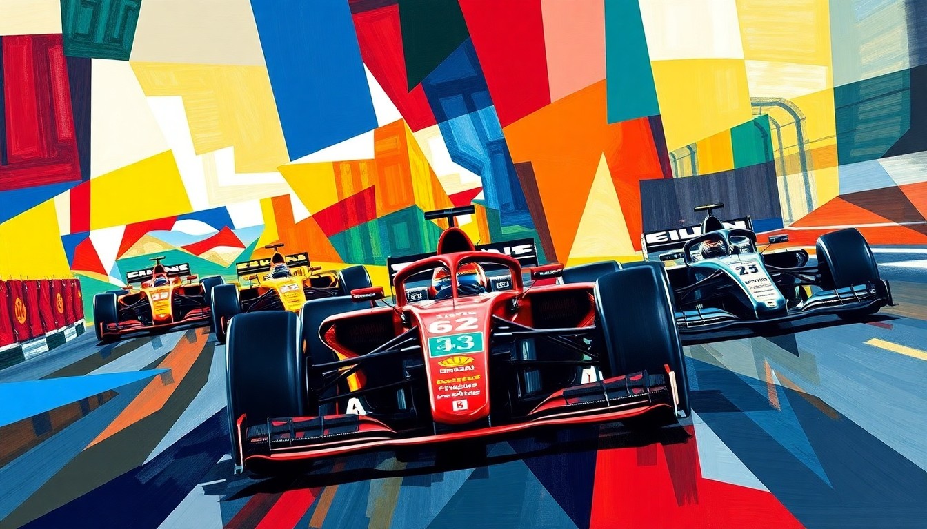 A cubist, geometric painting depicting a fractured, multi-angled view of a Formula 1 race, with sharp planes of color representing the teams' official colors and the high-energy competition of the sport.