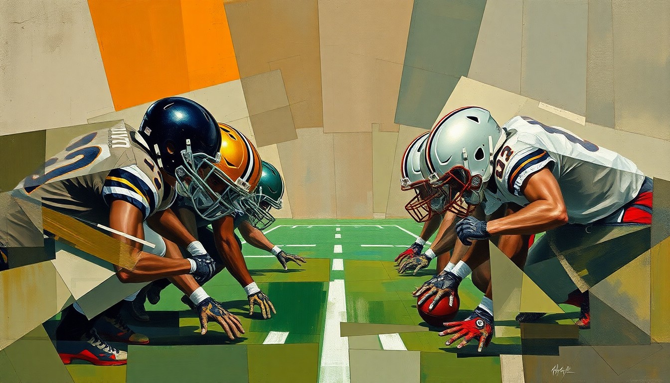A fragmented, geometric painting depicting the movement and interplay of an offensive line, using muted earth tones and flashes of bright color to convey the complexity and dynamism of the position group.