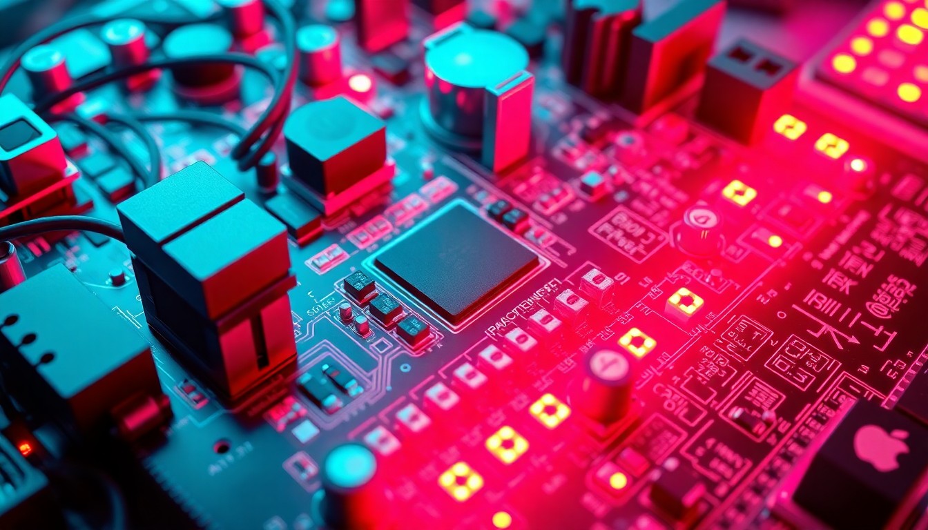A highly detailed, glowing 3D illustration of a vintage Apple-1 computer motherboard, with intricate circuitry and components illuminated by vibrant neon cyan and magenta lights, conceptually representing the technological innovation and legacy of Apple's early days.