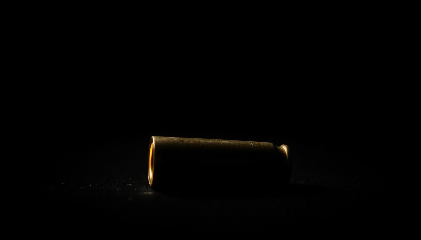 An extreme close-up photograph of a bullet casing on the ground, capturing the stark, gritty, and investigative nature of the crime scene.