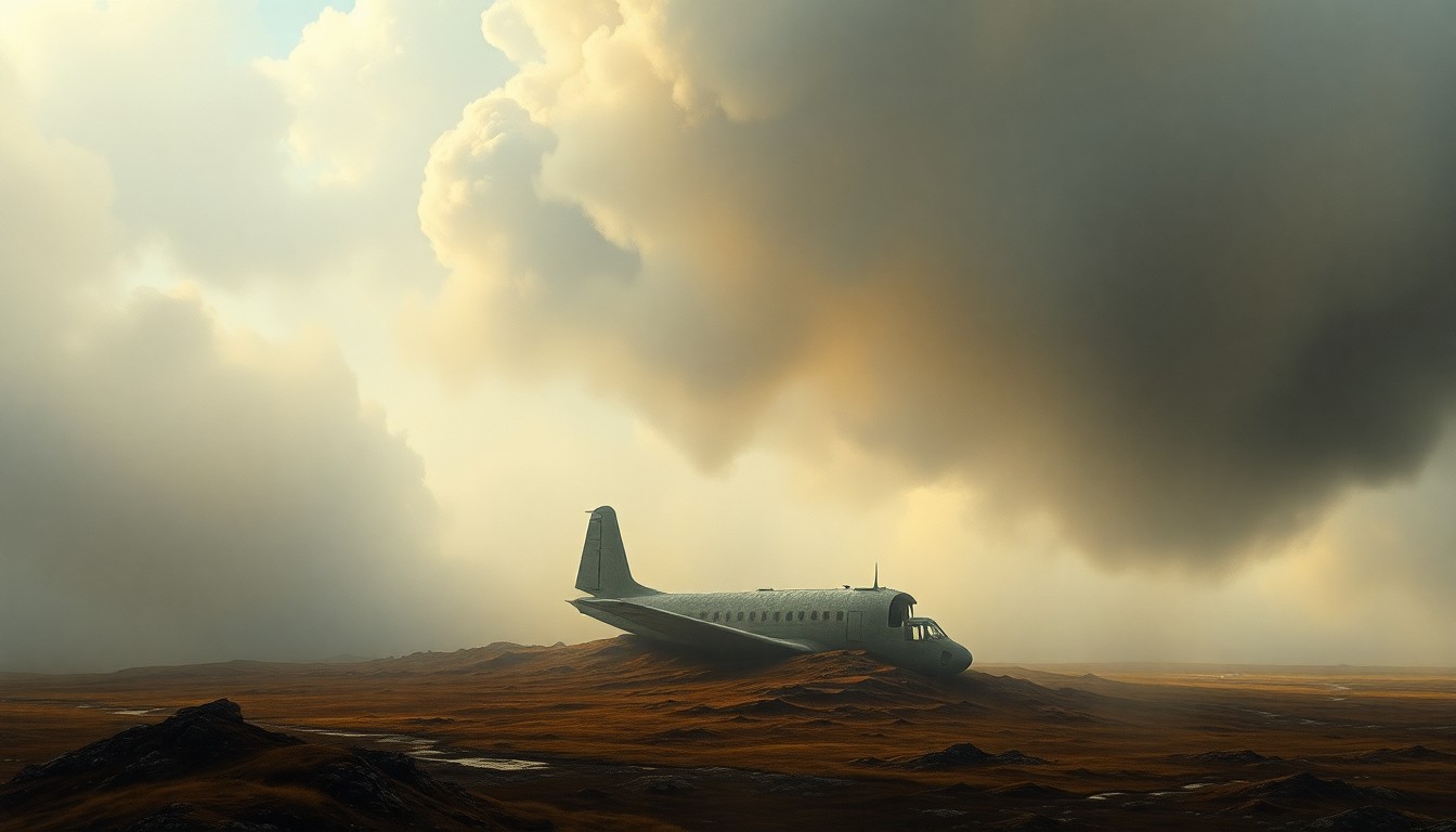 A large, atmospheric landscape painting in muted tones, with a small plane wreckage barely visible through heavy fog and dramatic lighting, conveying the overwhelming scale and power of nature.