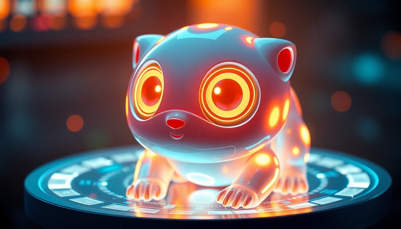 A highly detailed, glowing 3D macro illustration of a sleek, illuminated cyber-pet with expressive digital eyes and a responsive, animated interface, conveying a sense of advanced, lifelike technology that provides an emotional connection.