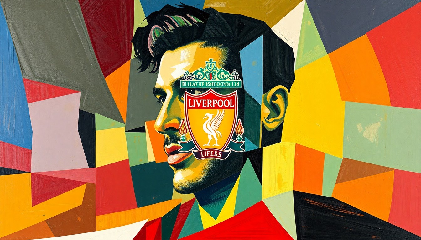 A cubist, geometric painting depicting the fragmented and overlapping elements of Mohamed Salah's departure from Liverpool, capturing the complex emotions and dynamics surrounding his exit from the club.