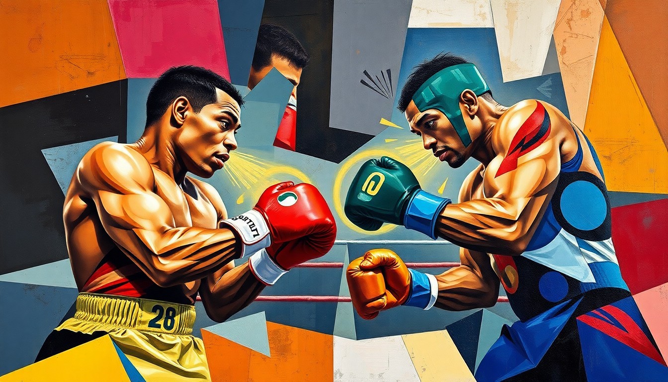 A cubist-style painting depicting a boxing match between two fighters, with the figures and ring broken down into sharp, geometric shapes and planes of color.
