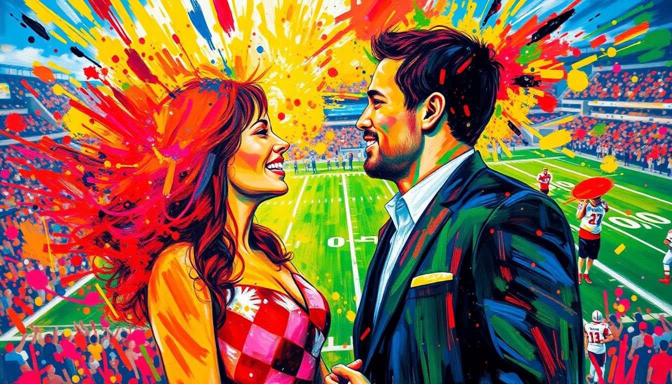An abstract, expressionist painting in vibrant neon colors, capturing the raw energy and passion of an NFL engagement celebration, with the couple's faces and a football field dissolving into unrecognizable splatters of color.