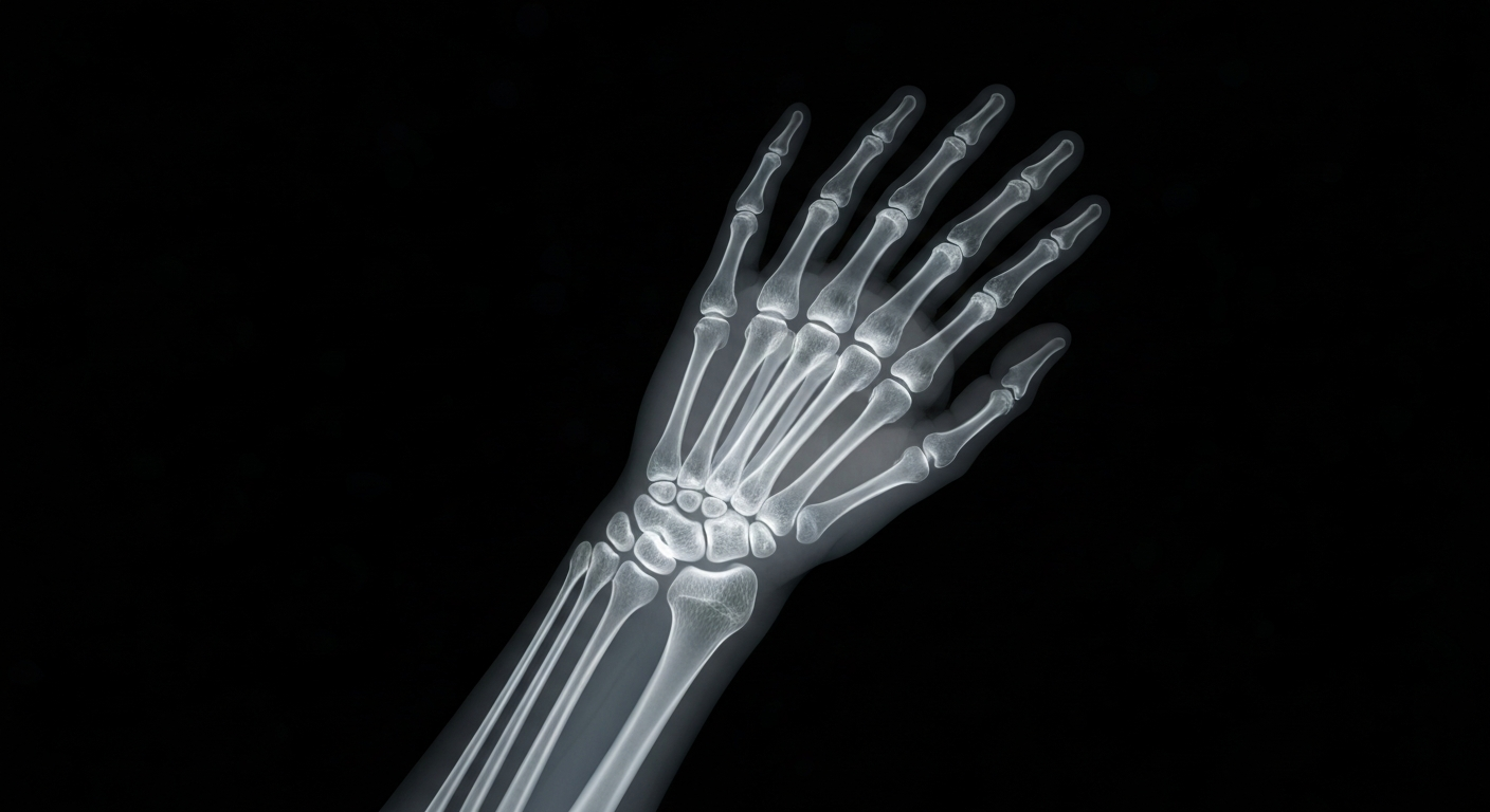 A ghostly, translucent X-ray image showing the bones and nerves of a human hand, conceptually representing the hidden, internal pain experienced by breast cancer survivors after mastectomy.