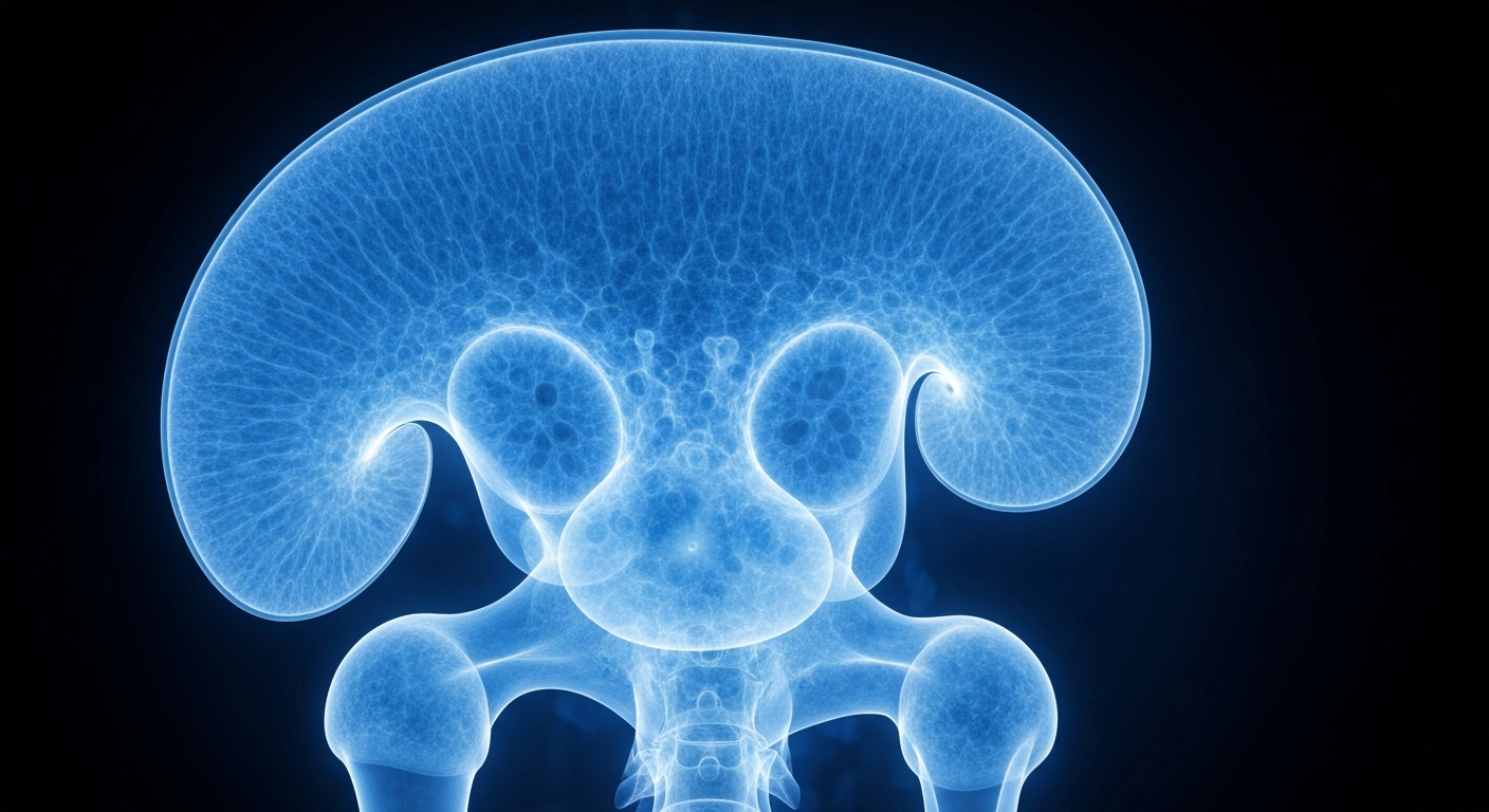 A highly detailed, translucent X-ray-style image of a human prostate gland, with the internal structures and tissues glowing with a soft, ethereal blue light, conceptually illustrating the complex metabolic processes at work in prostate cancer patients.