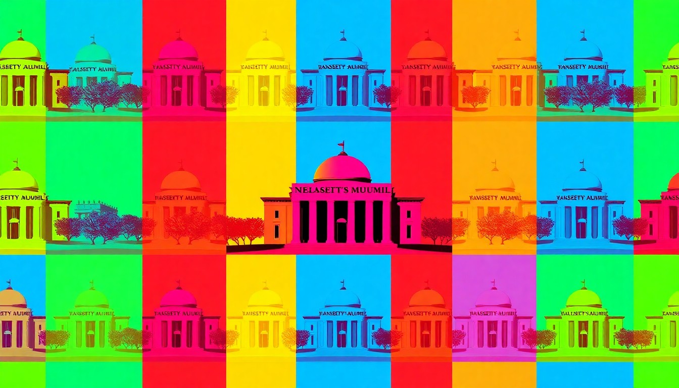 A brightly colored, high-contrast silkscreen print of the iconic Liberty Memorial in Kansas City, repeated in a tight grid pattern with overlapping neon color palettes and heavy black outlines, creating a modern pop art interpretation of the city's architecture.