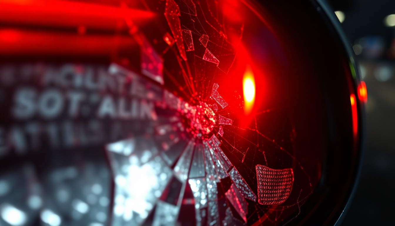 An extreme close-up of a shattered car sensor lens reflecting a faint red light, conceptually illustrating the vandalism of self-driving cars.