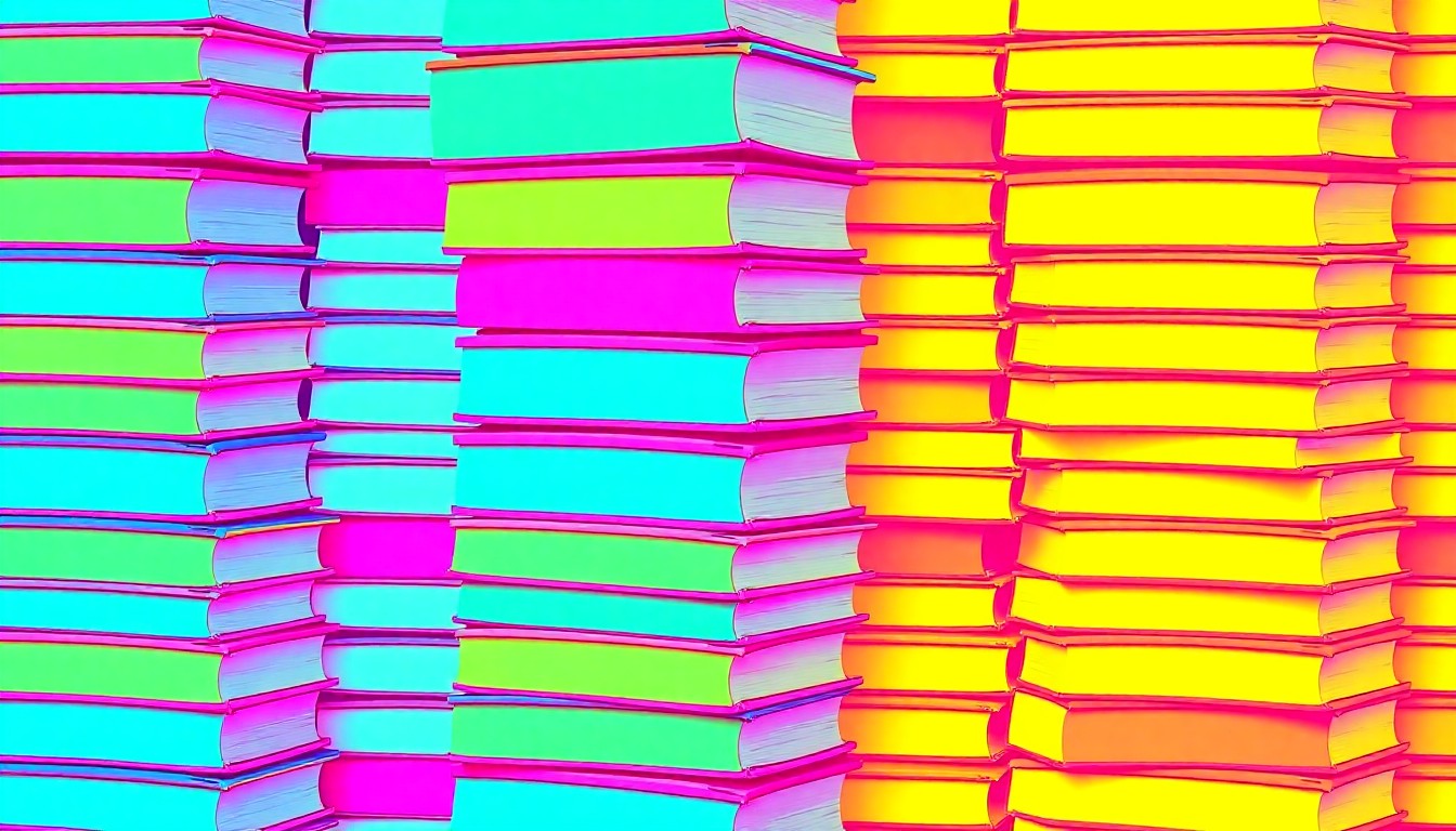 A bold, pop art-inspired illustration featuring a repeating grid of brightly colored textbooks in neon shades of blue, pink, and yellow, conceptually representing the impact of budget cuts on educational resources.