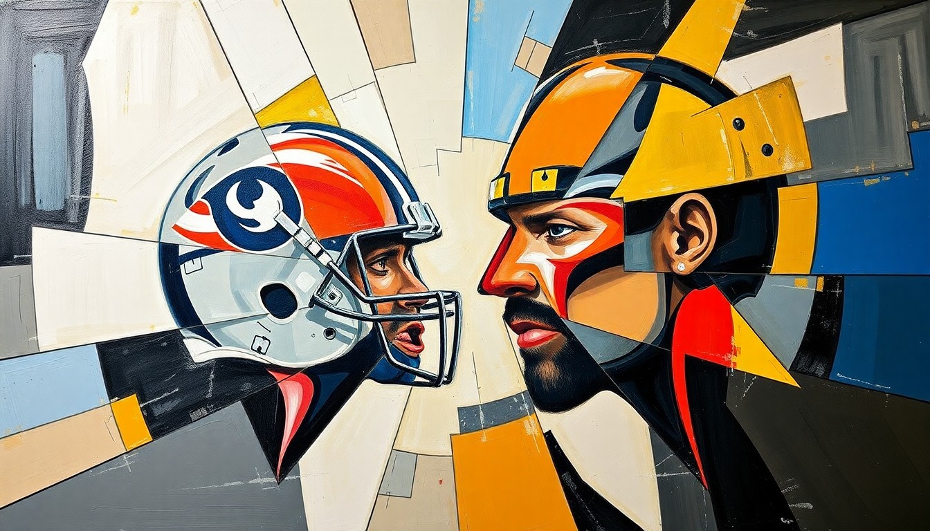 A cubist-style painting depicting the complex negotiations and decisions involved in NFL free agency, with fragmented geometric shapes and planes representing the various factors and perspectives at play.