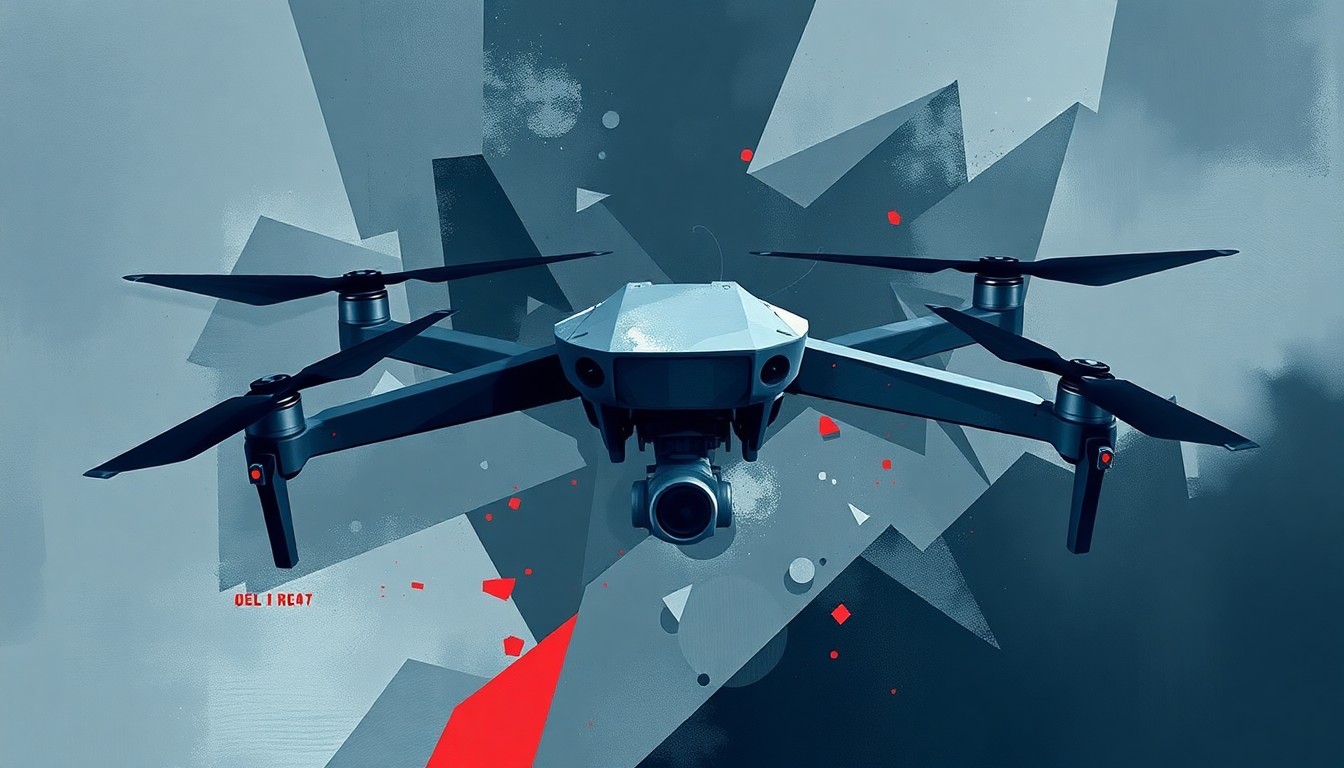 A dynamic, abstract painting featuring a fractured, overlapping image of a drone in shades of grey, blue, and red, conveying a sense of high-stakes security and threat.