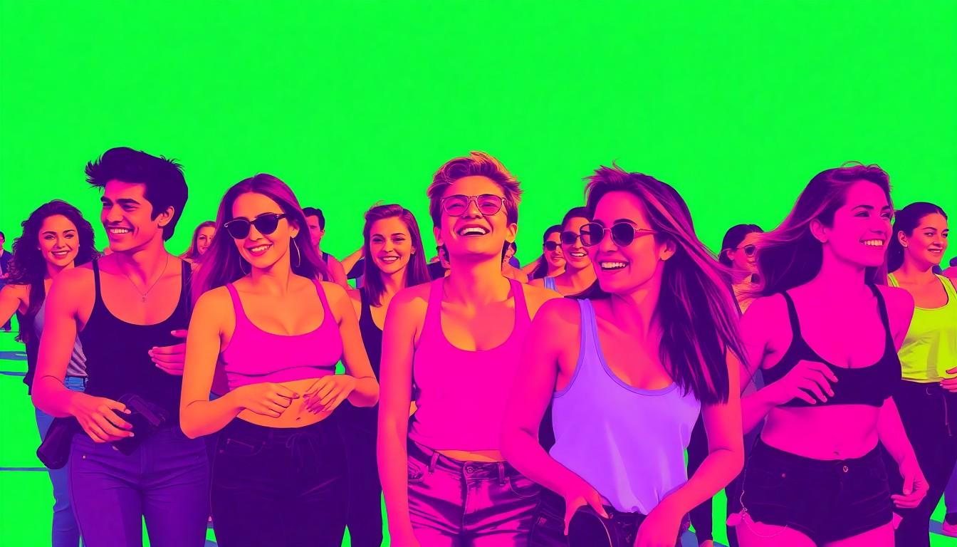 A vibrant, abstract silkscreen print depicting a group of young people engaged in a relaxed, daytime social activity, such as a fitness class or outdoor gathering, represented through a grid of repeated, high-contrast images in a bold, neon color palette.