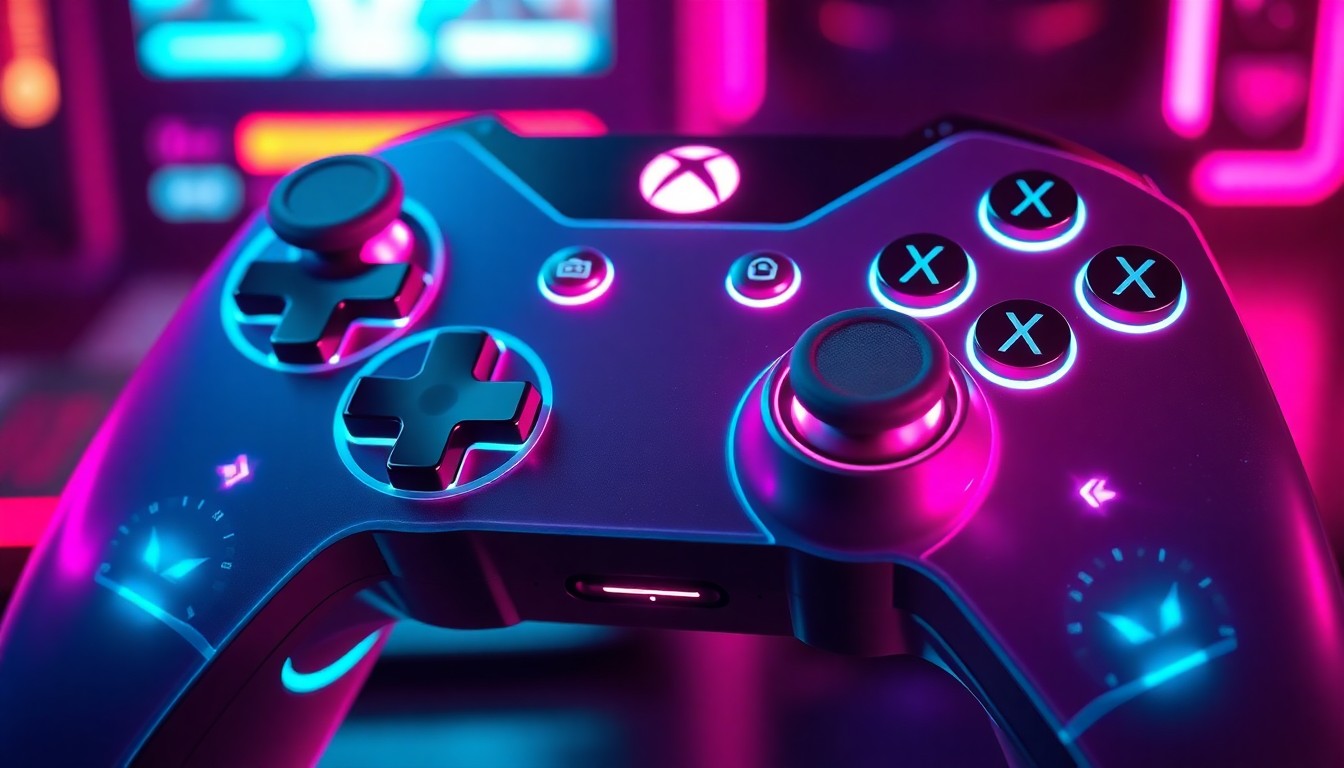 A glowing, futuristic game controller or console with intricate cybernetic details and illuminated by neon cyan and magenta lights, conceptually representing the diverse and technologically advanced nature of the Xbox Game Pass platform.