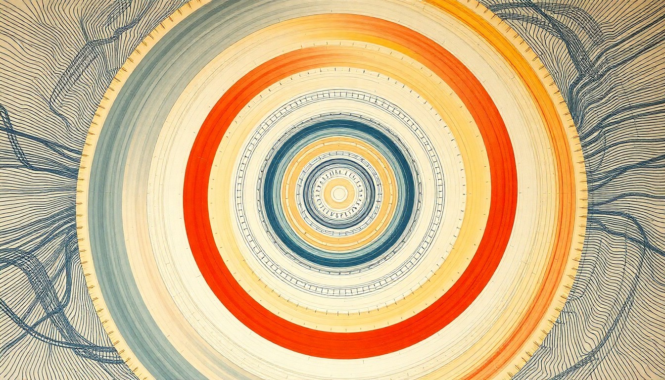 A highly structured abstract painting in soft, flat colors featuring sweeping geometric arcs, concentric circles, and precise botanical or physical spirals, conceptually representing the interplay of technology and the human body that powers the embodied AI system.