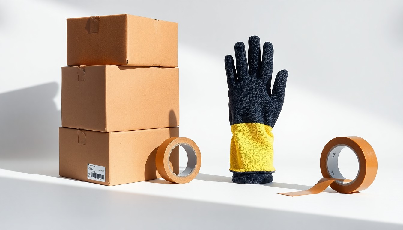 A photorealistic studio still life featuring a stack of corrugated cardboard boxes, a roll of packing tape, and a pair of industrial safety gloves arranged on a clean, white background, conveying the abstract concepts of corporate strategy and risk in the packaging industry.