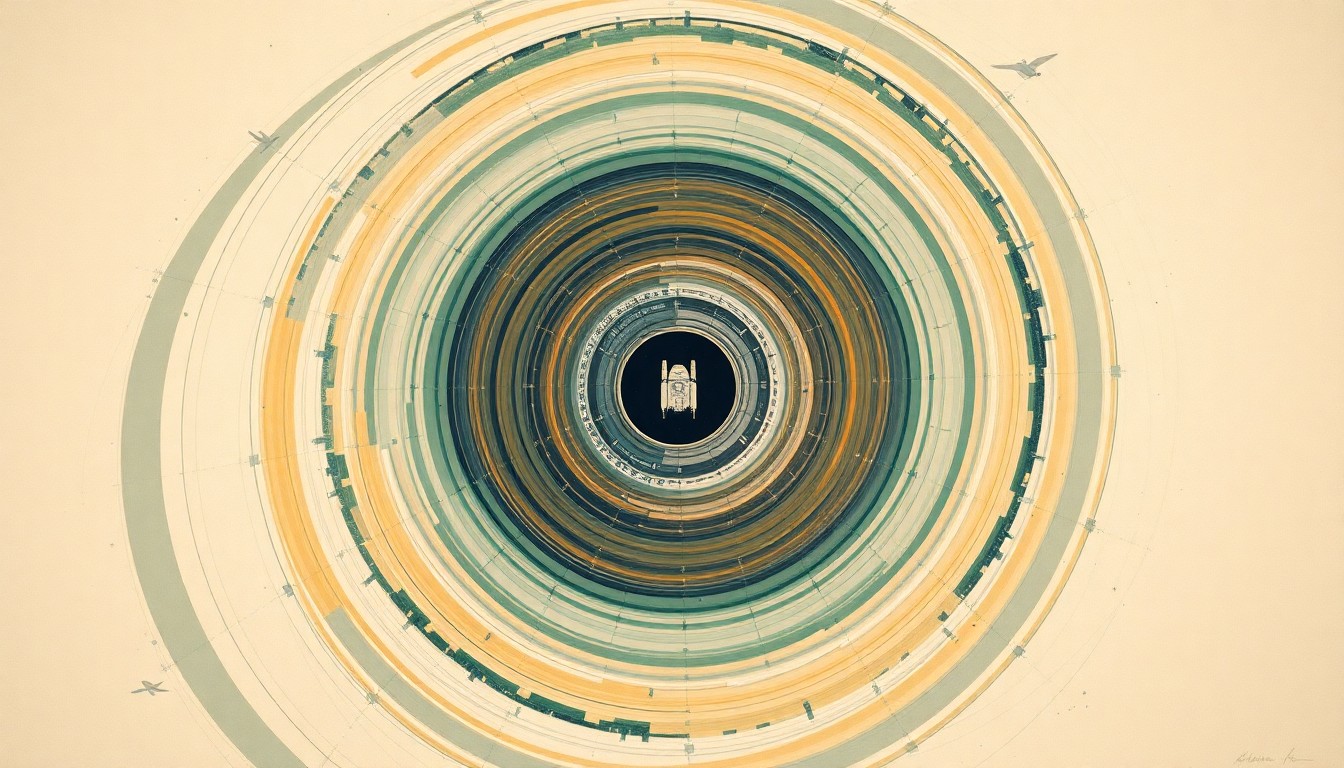 An abstract painting in soft, earthy tones of green, blue, and orange, featuring sweeping geometric arcs, concentric circles, and precise spirals, conceptually representing the launch and journey of the Cygnus spacecraft to the International Space Station.