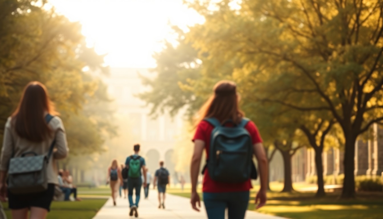 An abstract, impressionistic photograph showing the blurred silhouettes of college students walking across a lush, sun-dappled campus, conveying a sense of academic pride and community.