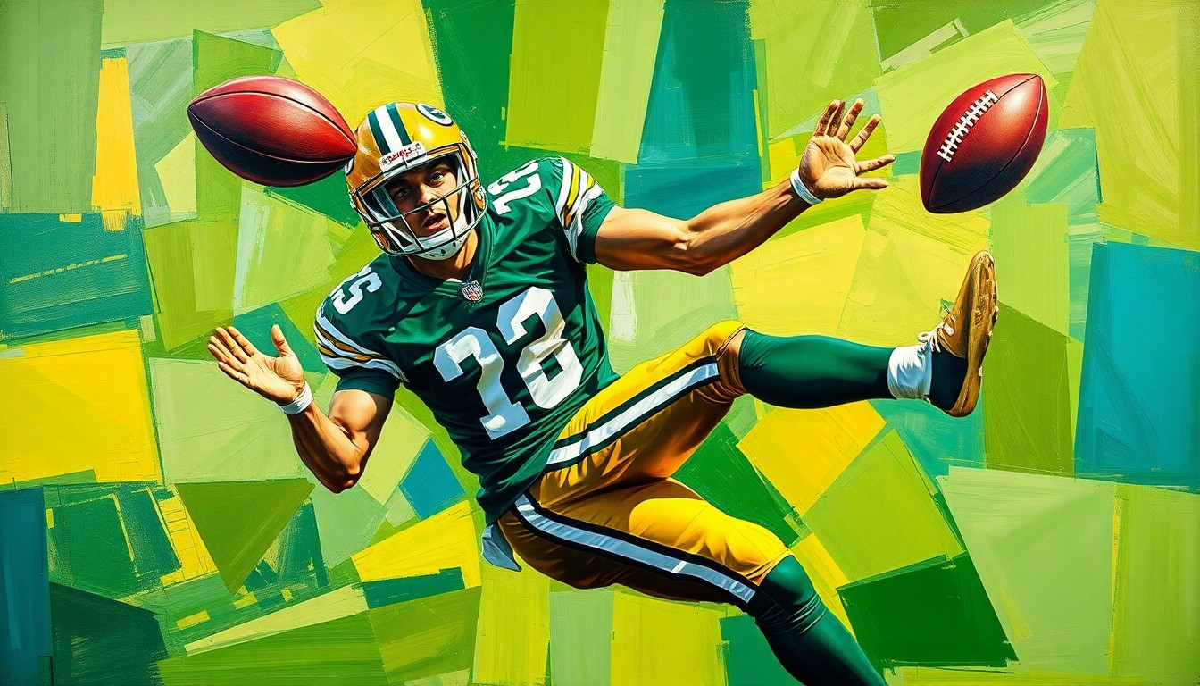 A fragmented, cubist-style painting depicting a football player in mid-catch, their body and the ball broken down into overlapping geometric shapes in shades of green, gold, and blue, conveying the dynamic motion and energy of the sport.
